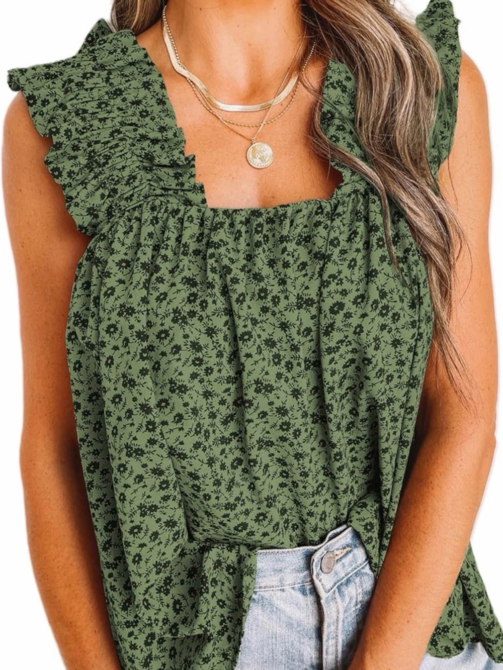 Women’s Olive Green Floral Ruffle Sleeveless Top